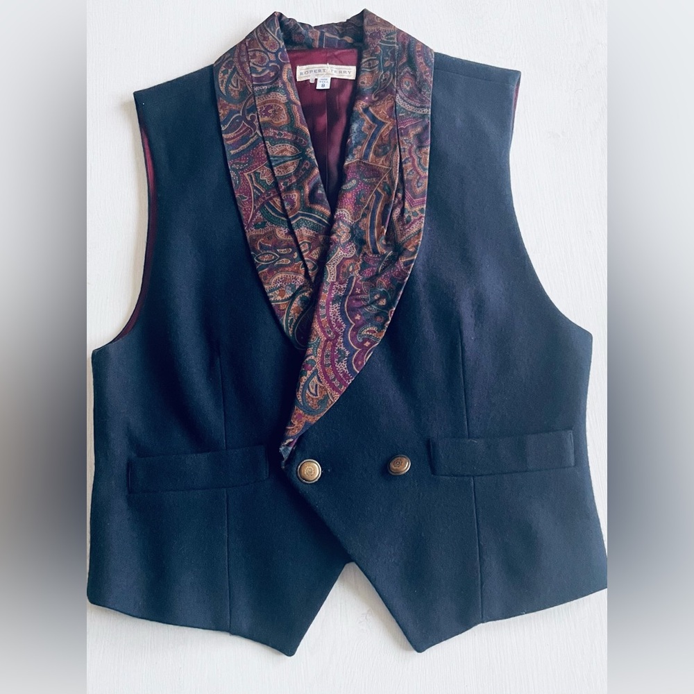 Vintage Robert Terry Navy Vest with Paisley Lapel